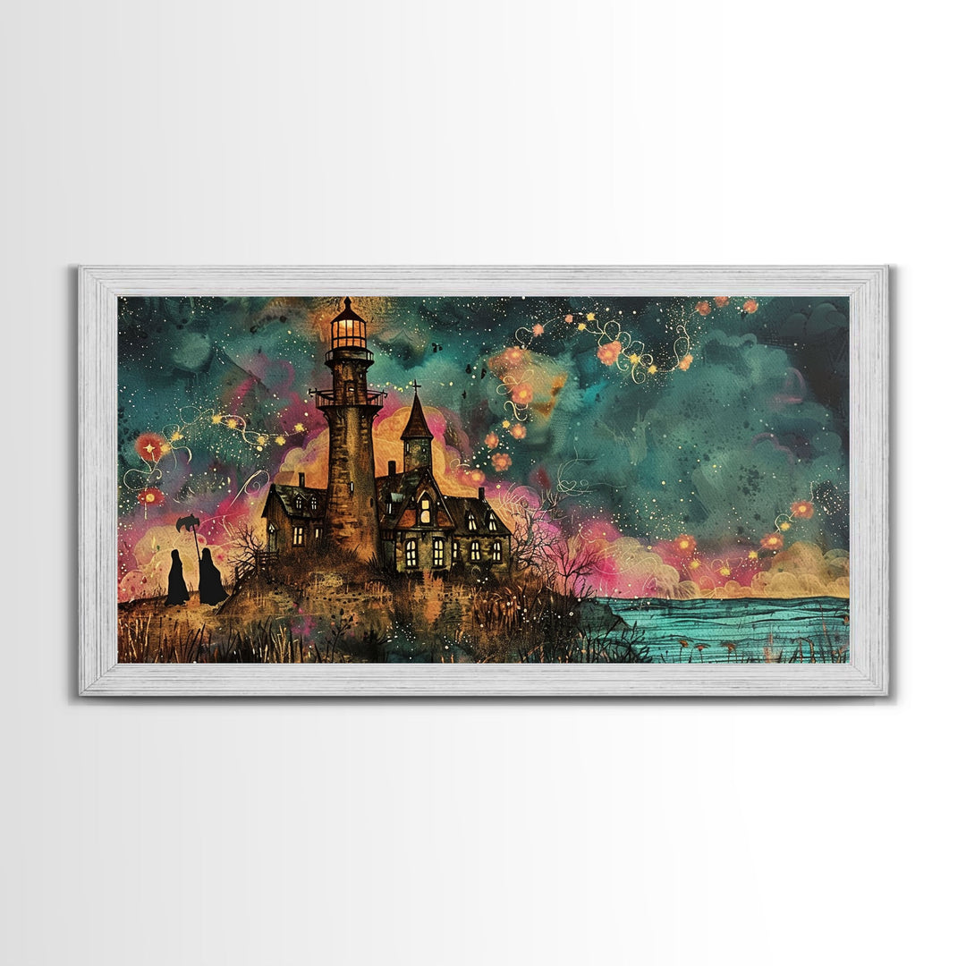 The Haunted Light House, Abstract Art, Framed Canvas Print, Original Midcentury Style Lighthouse Painting Wall Decor