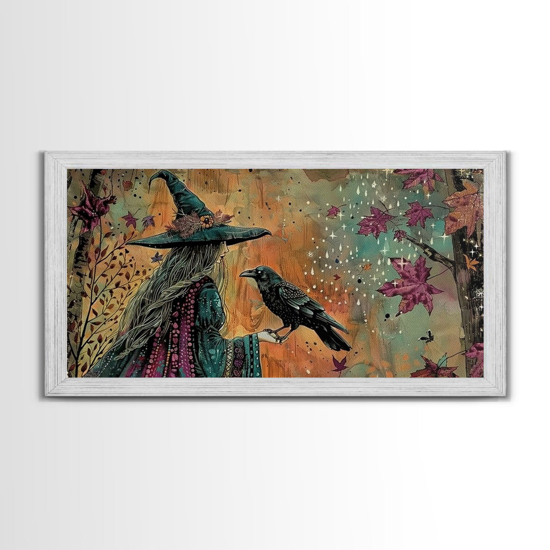 The Witch and The Raven Familiar, Framed Canvas Print, Halloween Gift, Halloween Props, Halloween Wall Art