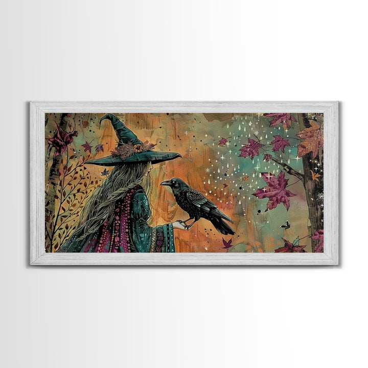 The Witch and The Raven Familiar, Framed Canvas Print, Halloween Gift, Halloween Props, Halloween Wall Art