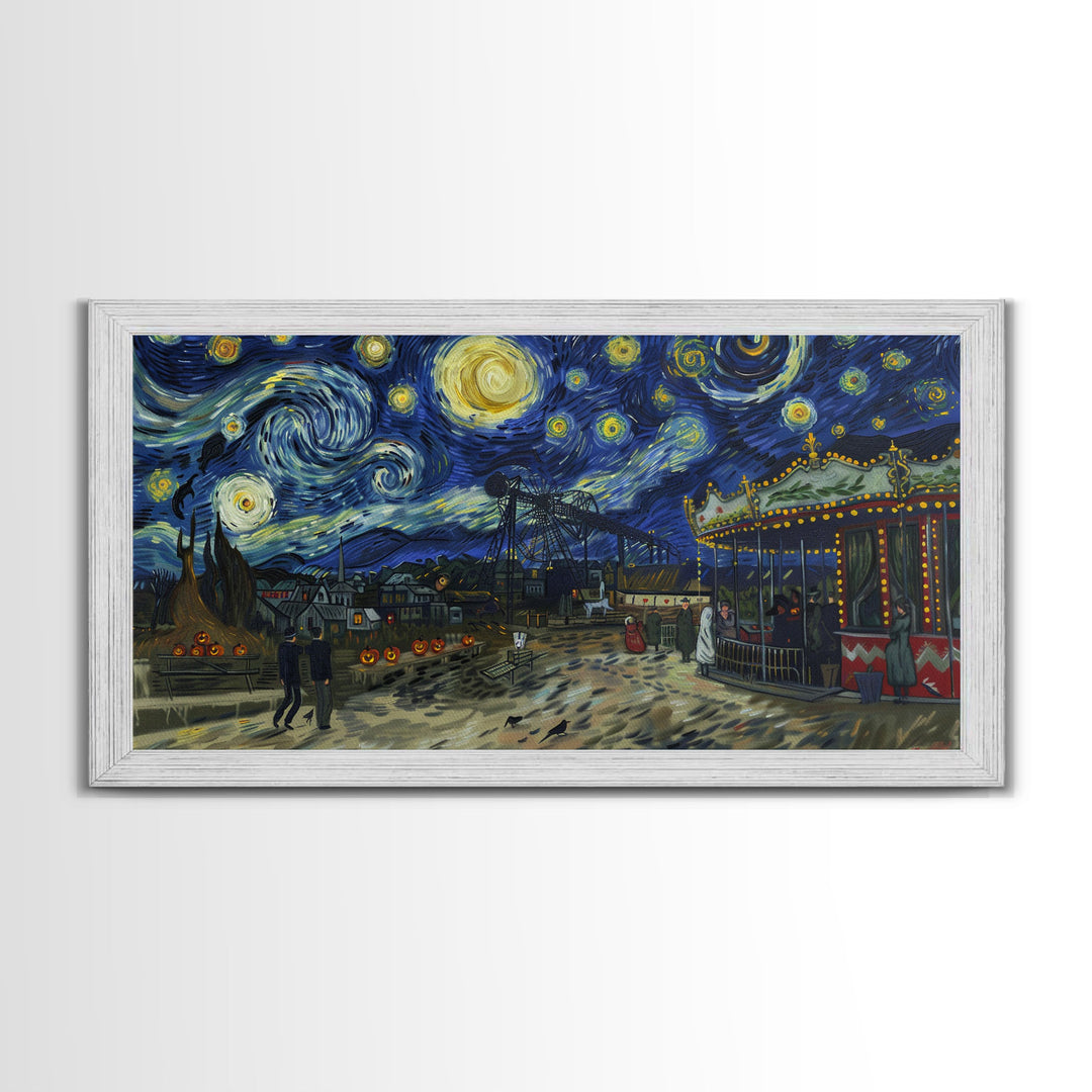 Spooky Haunted Carnival, Framed Canvas Print, Starry Night Inspired Spooky Season Wall Art, Halloween Prop