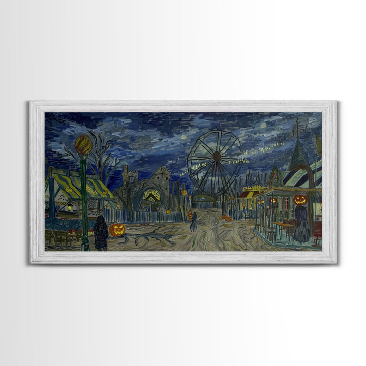 Spooky Haunted Carnival, Framed Canvas Print, Starry Night Inspired Spooky Season Wall Art, Halloween Prop