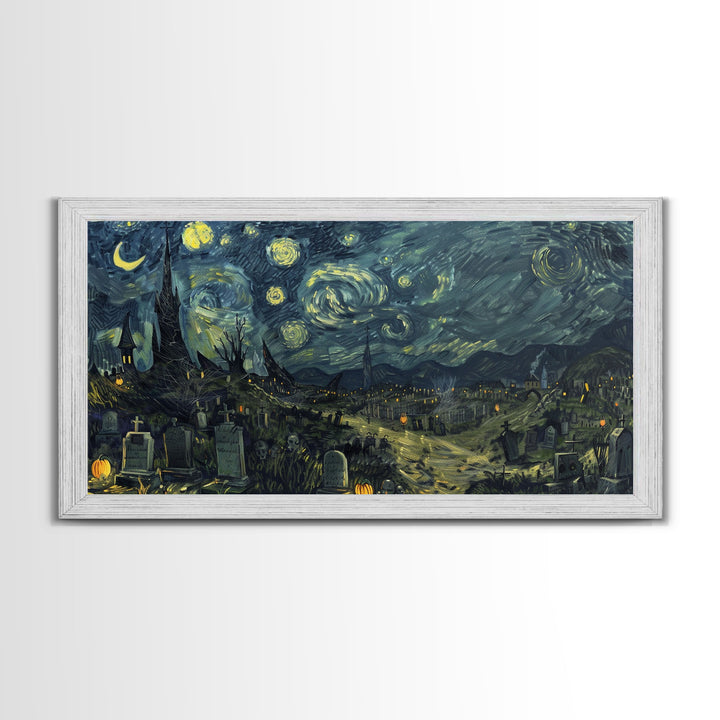 Starry Night Inspired Haunted Cemetery Framed Canvas Print, Halloween Wall Decor, Art Prints, Creepy Art