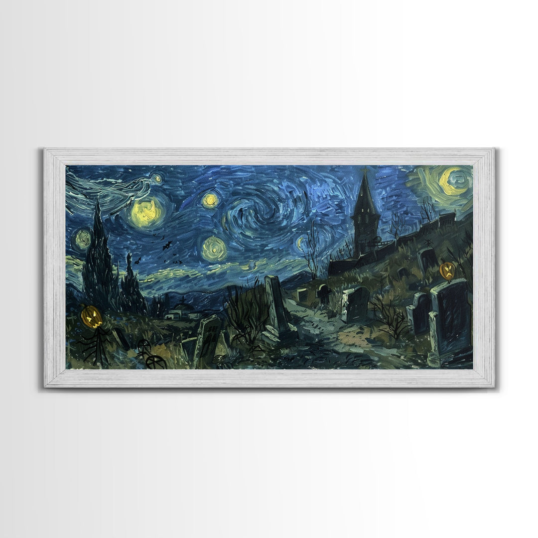 Starry Night Inspired Haunted Cemetery Framed Canvas Print, Halloween Wall Decor, Art Prints, Creepy Art, Spooky Vibes