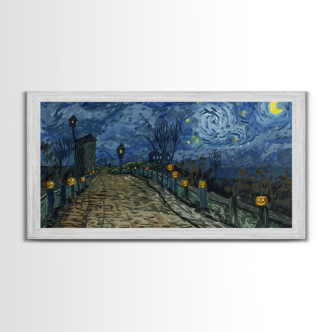 The Haunted Bridge, Framed Canvas Print, Spooky Home Decor, Starry Night Inspired