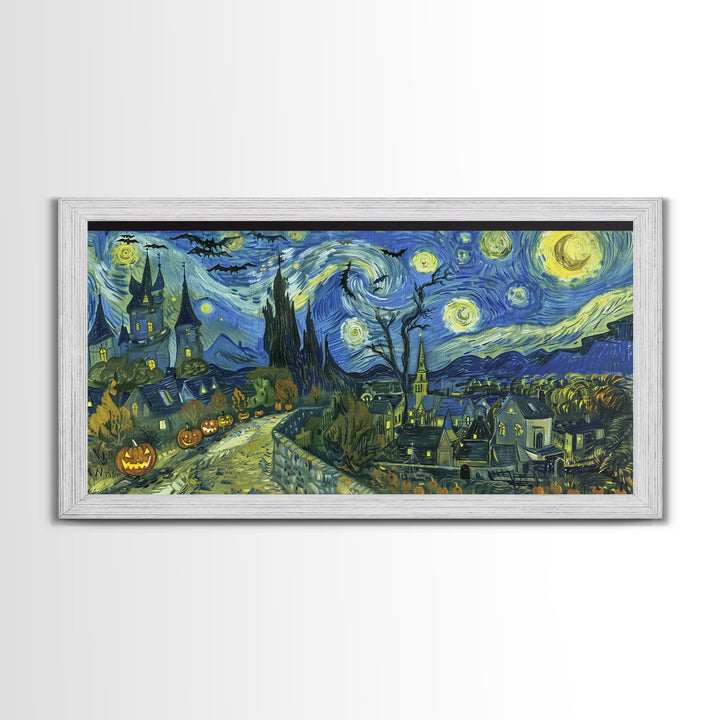 Spook Vibes Wall Art - Framed Canvas Print - Victorian Era London Starry Night Inspired Spooky Month Decor