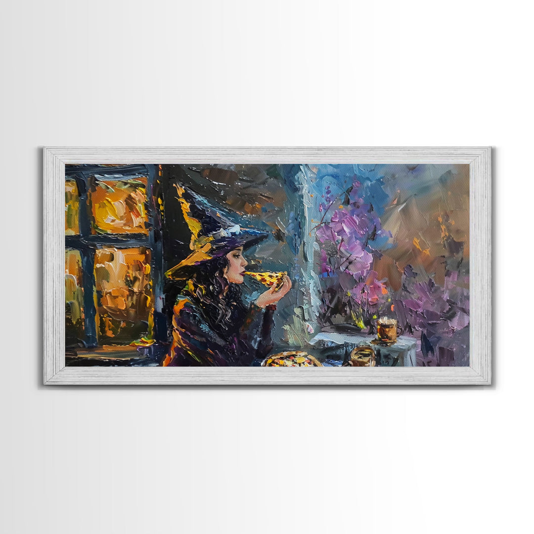 Time For Some Pizza, Witch Havin' a slice of Pizza, Framed Canvas Print, Funny Halloween Art