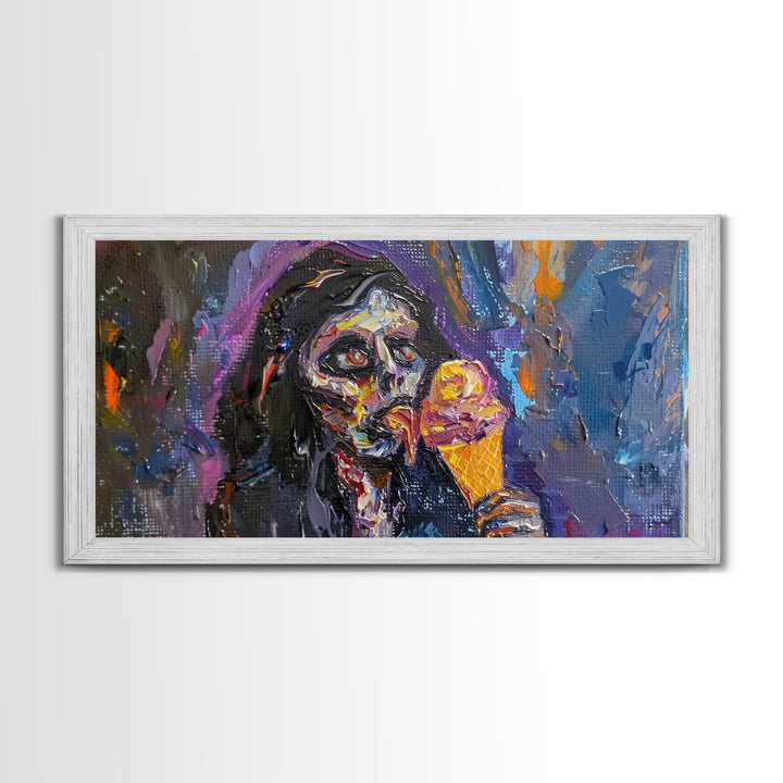 Zombie Eating an Ice Cream Cone, I thought they wanted brains? Framed Canvas Print, Halloween Decor