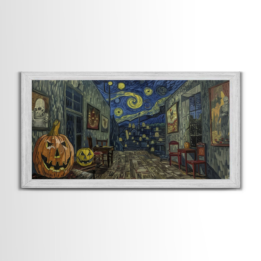 Starry Night Inspired Halloween Decor, Framed Canvas Print, Haunted Grave Yard