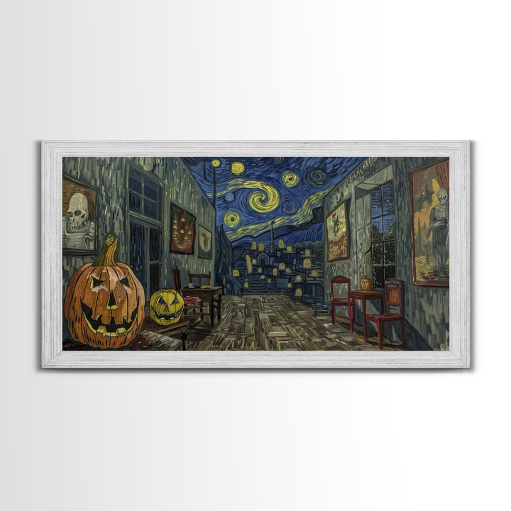 Starry Night Inspired Halloween Decor, Framed Canvas Print, Haunted Grave Yard