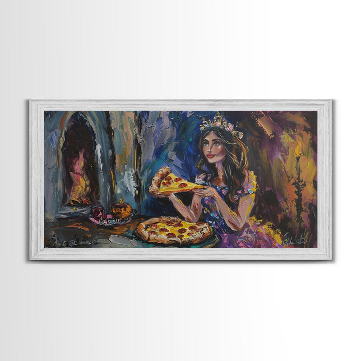 The Princess and the Pizza, Framed Canvas Print, Funny Decor, Funny Art