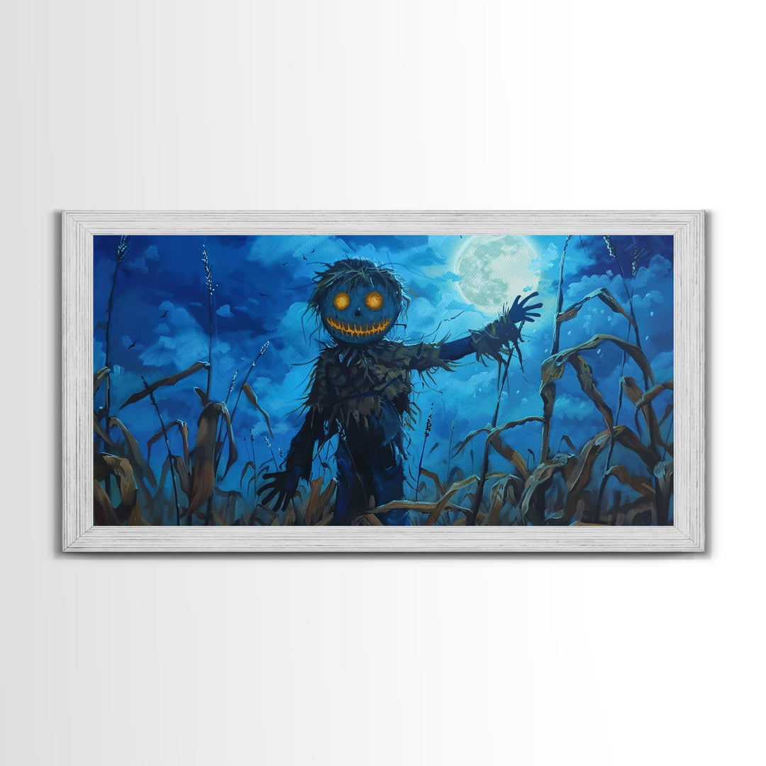 Spooky Jack O' Lantern Scarecrow, Framed Canvas Print, Dark Academia, Halloween Decor, Spooky Season Wall Art