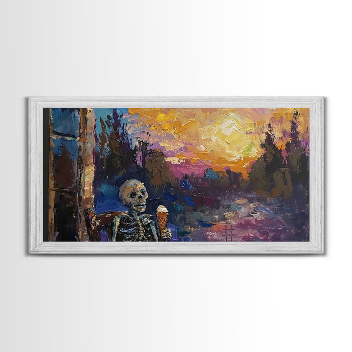 Spooky Skeleton having an ice cream cone at sunset, framed canvas print, funny halloween decor, halloween art