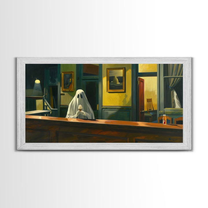 The Haunted Diner, Ghost Having an ice cream cone, Funny Halloween Art Framed Canvas Print