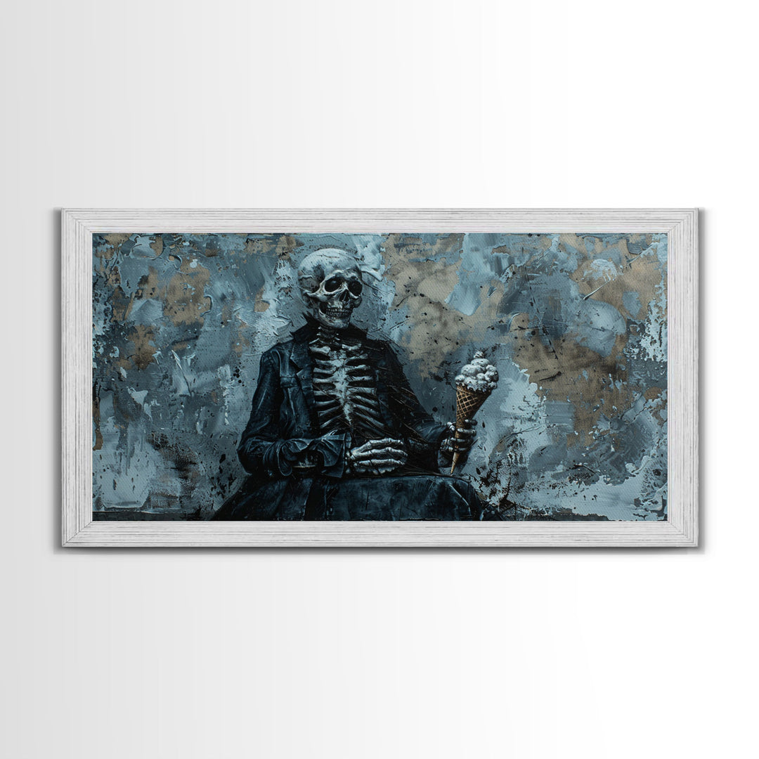 Skeleton Having an Ice Cream Cone, Macabre Wall Art, Framed Canvas Print, Spooky Halloween Art