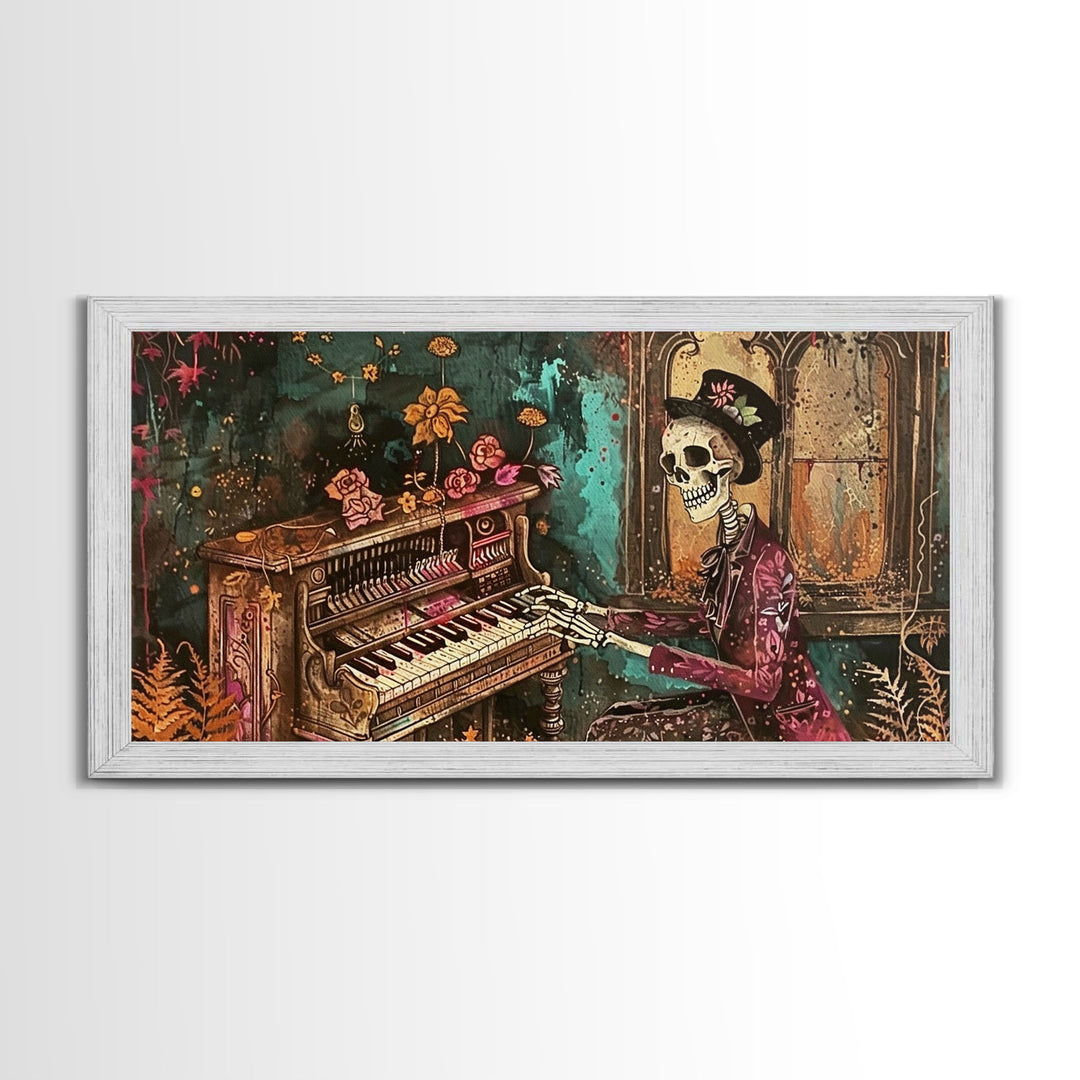 Skeleton Playing The Piano, Framed Canvas Print, Halloween Decor, Spooky Month Home Decor