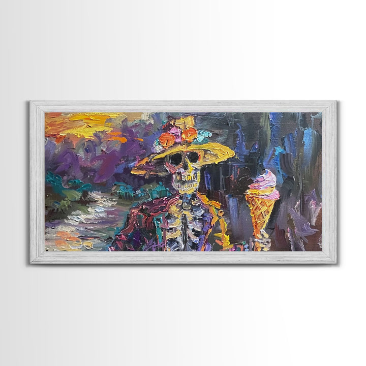 Skeleton In A Flower Hat Having an Ice Cream, Framed Canvas Print, funny Halloween Wall Art