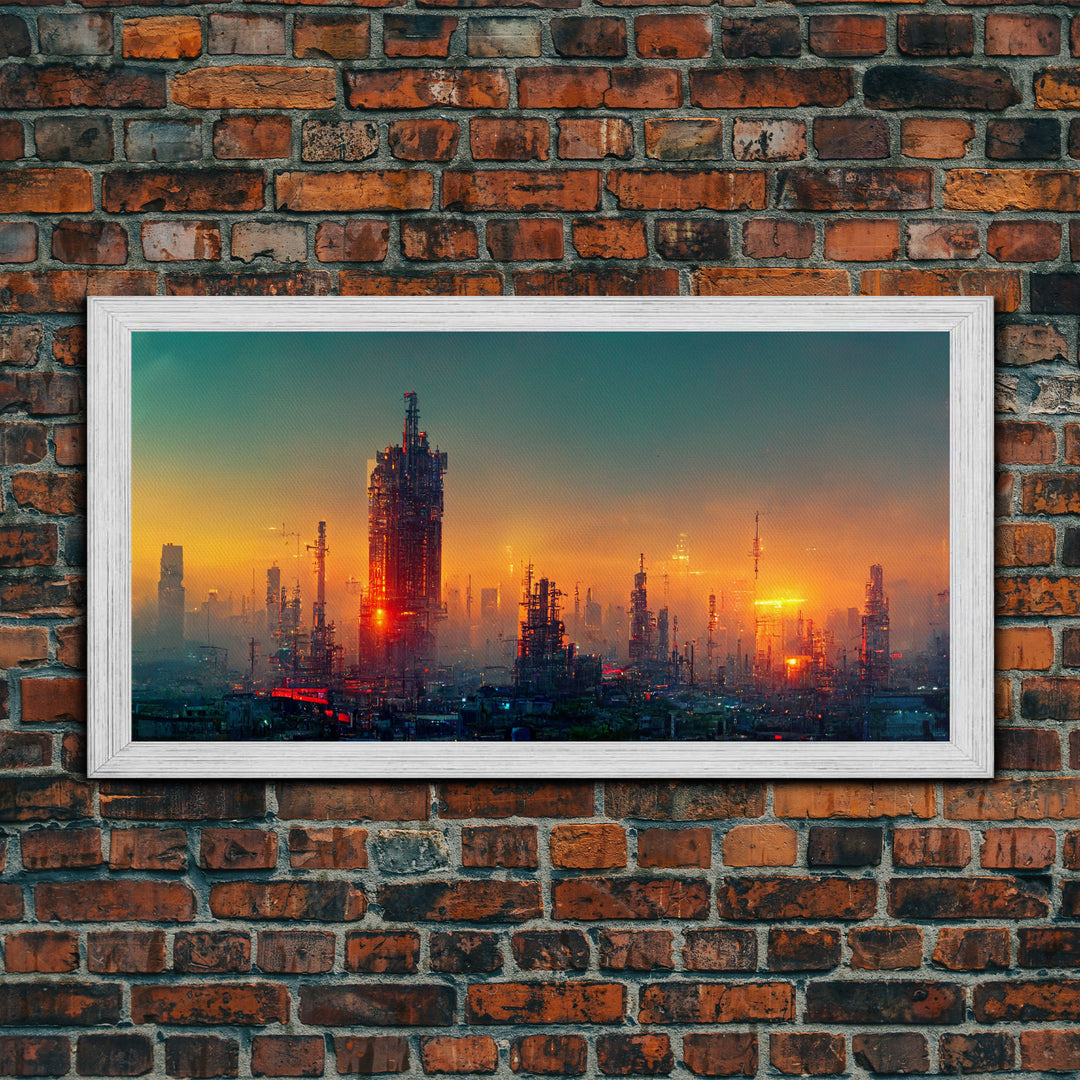 Cyberpunk city canvas art, video game concept art, living room wall art, dystopian art, outrun style city at sunset, man cave wall art