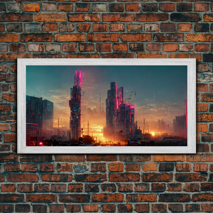 Cyberpunk city canvas, video game concept art, living room wall art, dystopian art, outrun style city at sunset, man cave art canvas print