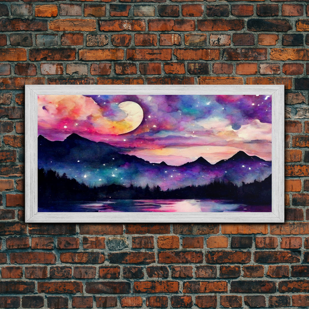 Magical forest canvas print, lake forest & mountains, beautiful wall art for living room, pink and purple wall art