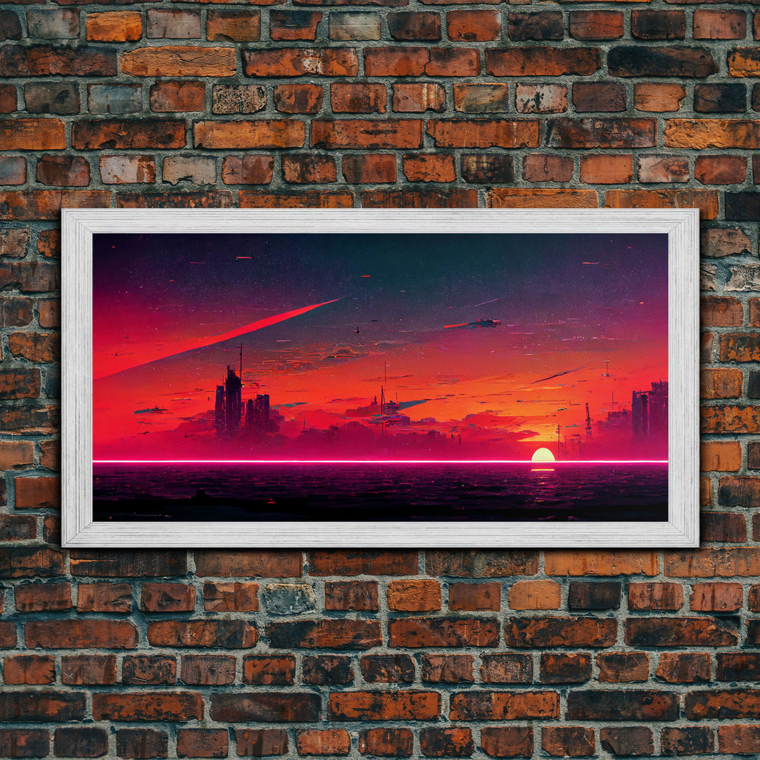 Cyberpunk lake art, city canvas, video game concept art, living room wall art, dystopian art, outrun city at sunset, man cave canvas print