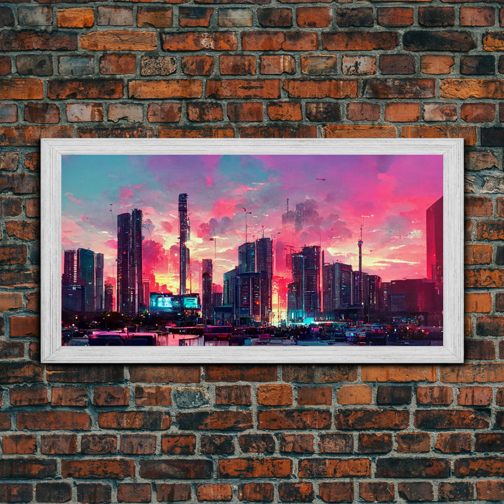 Cyber punk city skyline canvas print, outrun sunset, synthwave, vapor wave, dystopian city at sun set, mancave wall art, video game concept