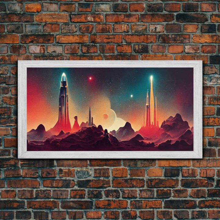 Art deco style space canvas print, space ship art, space art, outrun style, sci-fi themed art print, science fiction wall art