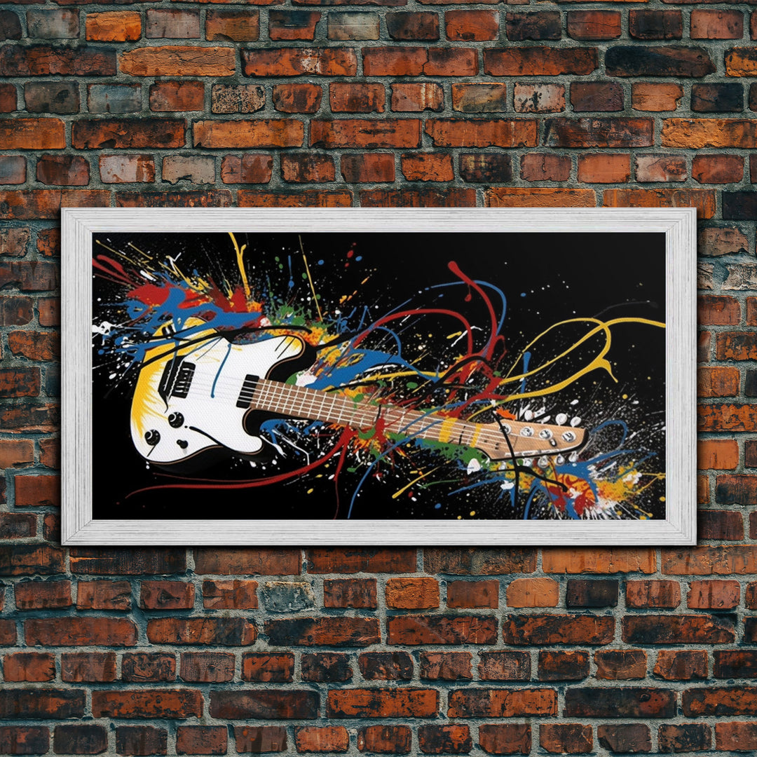 Jackson Pollock Graffiti Guitar Wall Art - Framed Canvas Print - Abstract Painting - Framed Wall Art - Colorful Retro Style Art