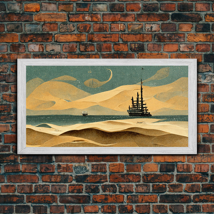 Art deco canvas print, pirate ship at sea beyond the sand dunes, living room wall art