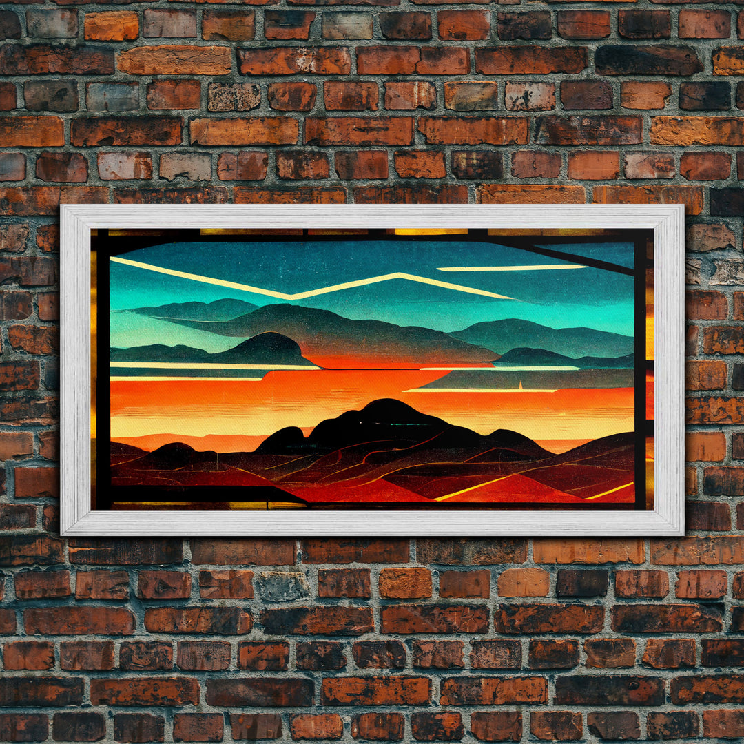 Pueblo style art deco sunset canvas print, outrun, colorful art, desert art, living room wall art, man cave art, stained glass look