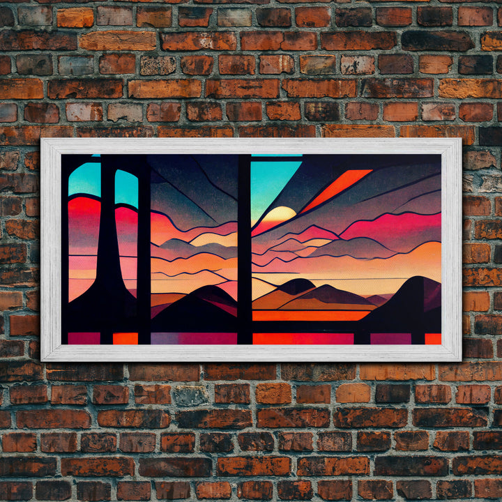 Pueblo style art deco sunset canvas print, outrun, colorful art, desert art, living room wall art, stained glass look, Arizona style art