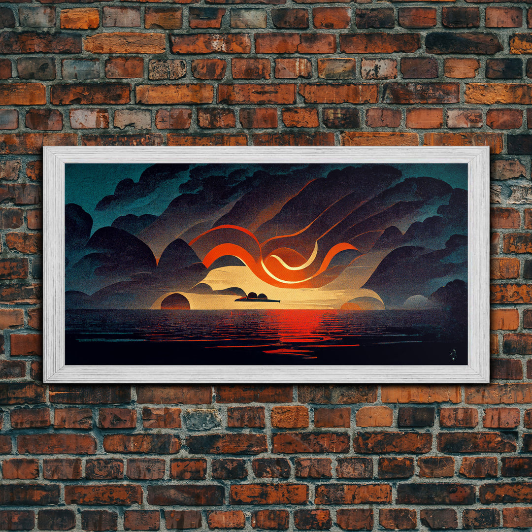 Abstract art deco sunset canvas print, sunset over the vast ocean, living room art