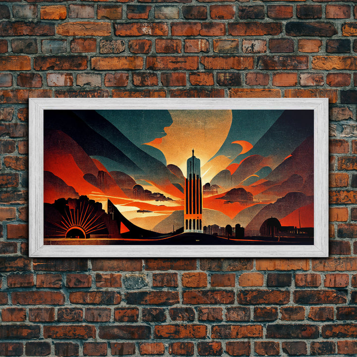 Dystopian metropolis canvas print, ready to hang wall art, art deco sunset, 1930s architecture, living room art, art nouveau