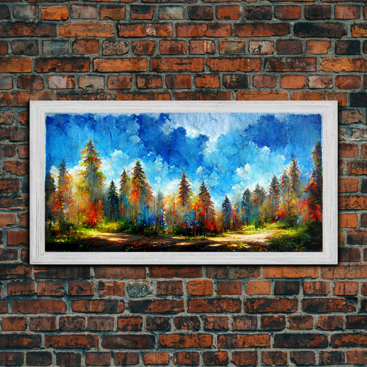 Beautiful Forest Sunset Oil Painting Canvas Print, Blue Skies and Fall Trees, Autumn, Ready to hang gallery wrapped nature canvas print