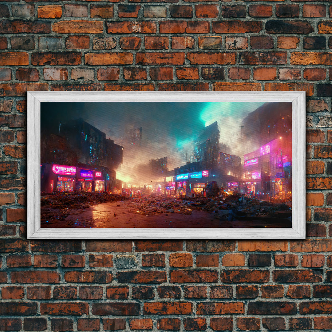 Destitute cyberpunk city with neon signs wall art, Bladerunner vibes art, synthwave style art, cool wall art