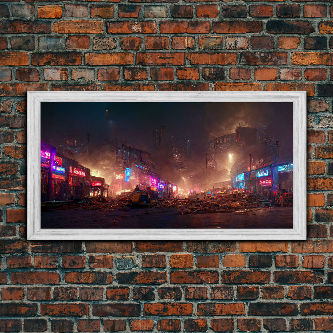 Destitute cyberpunk city with neon signs wall art, Bladerunner vibes art, synthwave style art, cool wall art