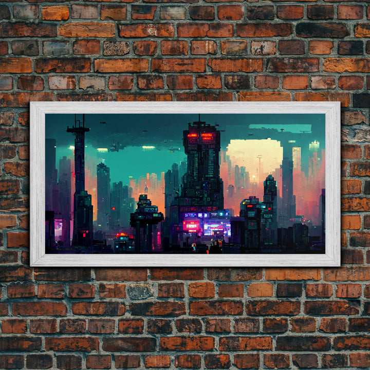 cyberpunk city pixel art canvas print, wall art, Bladerunner vibes art, synthwave style art, cool wall art