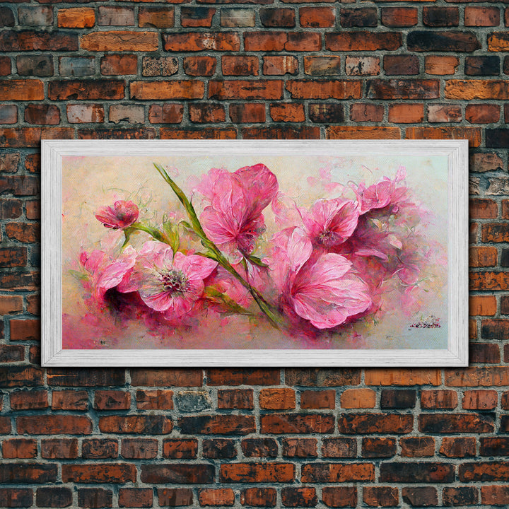 Pink flowers canvas print, oil painting style, living room wall art, guest room art, boho wall decor, floral pattern wall art