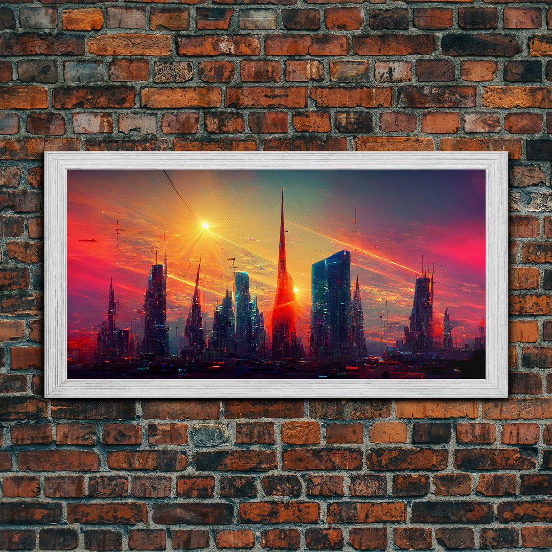 Dystopian Cyberpunk canvas print, cyber punk city at sunset, Bladerunner vibes art, synthwave style art, cool wall art, night city