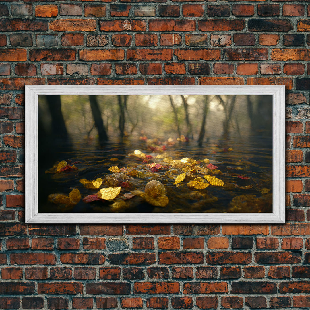 Fall leaves floating down the river, autumn, landscape and nature canvas print, oil painting style, neutral wall art