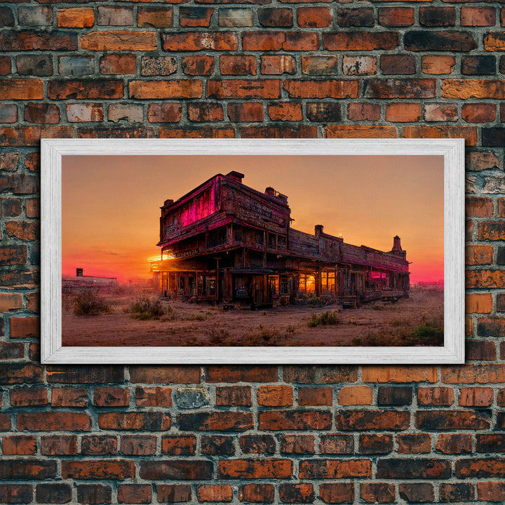 Abandoned wild west saloon at sunset canvas print, travel photography art, outrun sunset ready to hang wall art