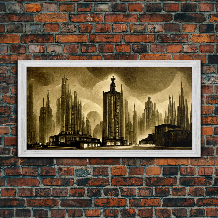 Dystopian Metropolis Art Deco Canvas Print, City Skyline, Fantasy Art, Art Deco Living Room Art, ready to hang wall art