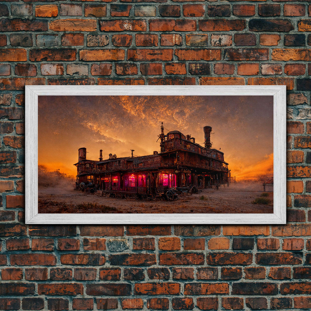 Dystopian steampunk wild west mashup, abandoned wild west saloon art, canvas print, ready to hang wall art