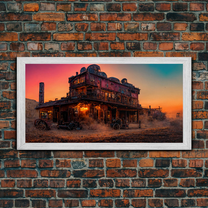 Synthwave Retro Wll Art, Dystopian steampunk wild west mashup, abandoned wild west saloon art, canvas print, ready to hang wall art