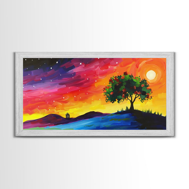 Vibrant Tree Under Starry Sky, Framed Canvas Print, Perfect for Living Room Art, Modern Home Decor, Colorful Bedroom Wall Art