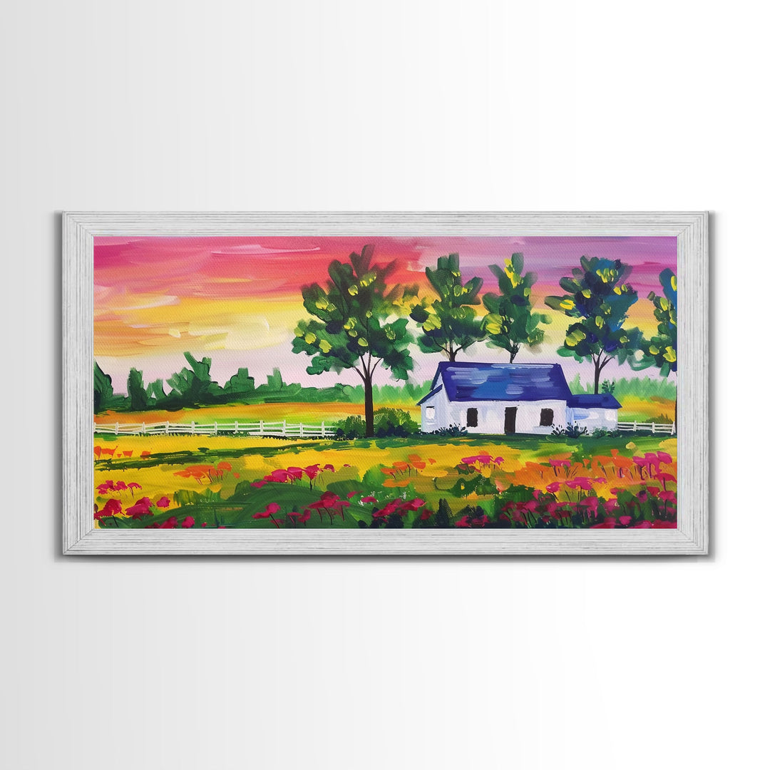 Vibrant Farmhouse Scene with Trees and Flowers, Perfect Living Room Art, Framed Canvas Print, Rustic Home Decoration, Minimalist Decor