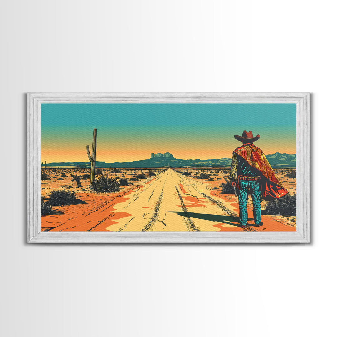 Western Cowboy in Desert Landscape, Rustic Wall Art, Framed Canvas Print, Boho Bedroom Decor, Vintage Home Decoration