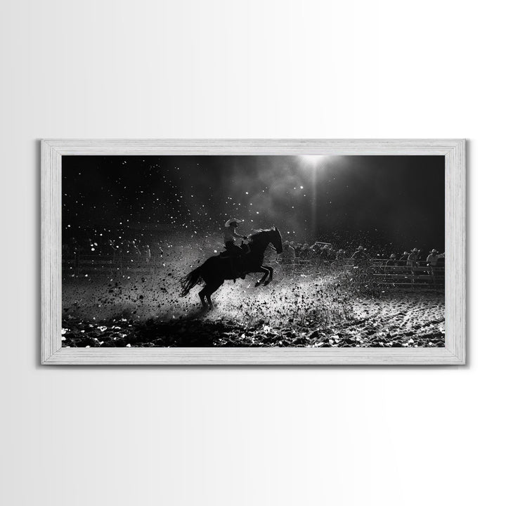 Action-Packed Rodeo Night Scene with Cowboy and Horse, Ideal for Framed Canvas Print, Living Room Wall Art, Perfect Bedroom Decor