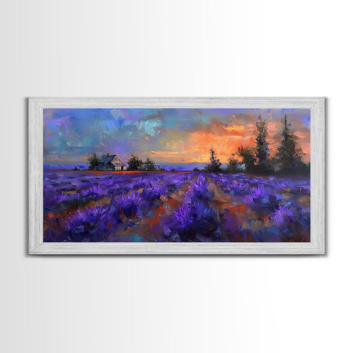 Sunset Over Lavender Field, Romantic Landscape Art, Framed Canvas Print, Cottagecore Decor, Purple Wall Art, Farmhouse Style