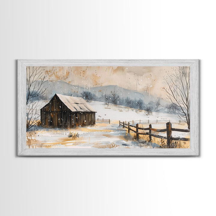 Snowy Barn in Winter Field, Framed Canvas Print, Rustic Wall Art, Living Room Decor, Farmhouse Style, Winter Landscape