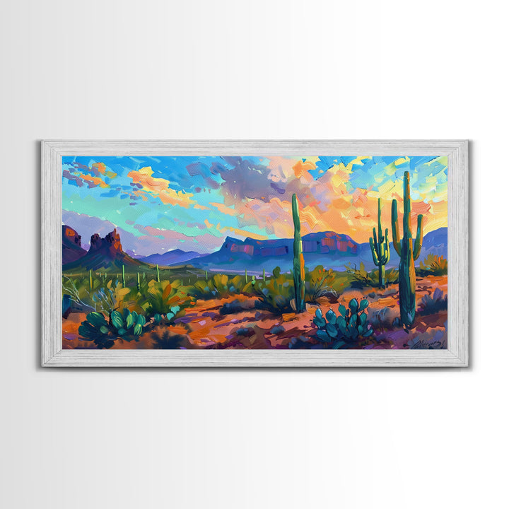 Desert Sunset with Cacti and Mountains, Abstract Southwestern Art, Framed Canvas Print, Rustic Boho Wall Decor, Living Room Art